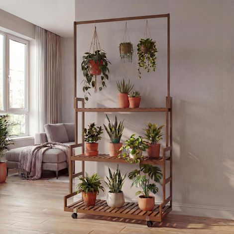 étagére à plantes en bambou HWC-Q33, étagére en escalier pour fleurs, tige avec 3 tablettes et roule