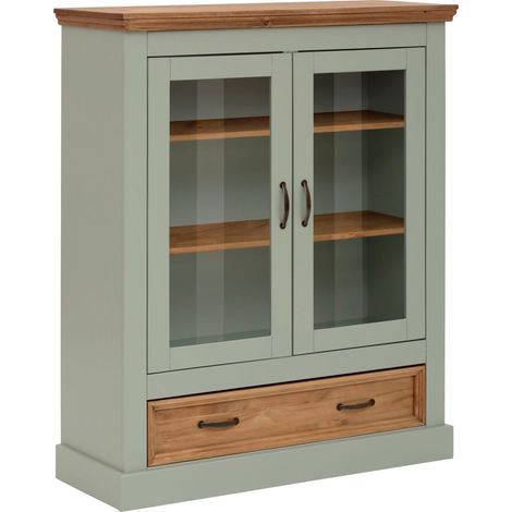 Vitrine en pin massif FSC 2 portes vitrées – 1 tiroir – Dimensions 100x38x120 cm – Finition transparente – Poignées laiton antique (1/5)
