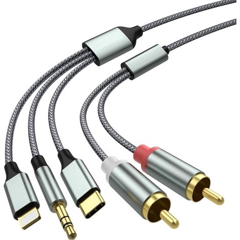 Lightning-auf-Cinch-Aux-Audioadapter, Cinch-auf-3,5-mm-Kabel, USB-C-auf-2-Cinch-Audiokabel (3-in-1-Audiokabel) für Auto, Heimkino, Lautsprecher usw. (2,3 m) (1/4)