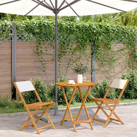 Ensemble bistrot 3 pièces pliable en bois d’acacia massif et tissu blanc crème - PANGIVO (1/5)