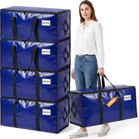 Lot de 4 grands sacs de déménagement et de rangement de vêtements robustes de 90 l avec couvercle et sangles de sac à dos, sacs d'emballage imperméables pour dortoir universitaire (1/5)