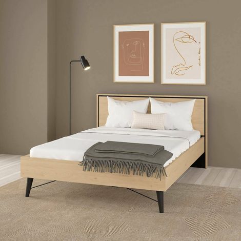 Dmora - Cama plaza y media Zocca, Sommier para dormitorio, Estructura de cama, Estructura del sostenedor del colchón, 207x153 h91 cm, Roble claro (1/5)