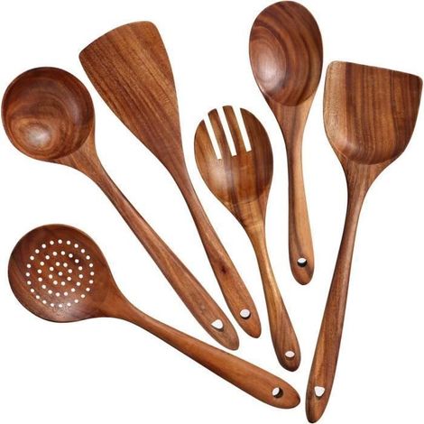 Ustensiles de Cuisine Bois 6pcs Spatule et Cuillères en Bois Accessoires Cuisine Naturels et Sains Antiadhésifs