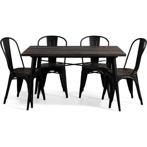 Ensemble Table et Chaises Style Industriel, Métal Noir Mat et Bois Naturel Foncé, 120x80cm - Design Factory (1/5)