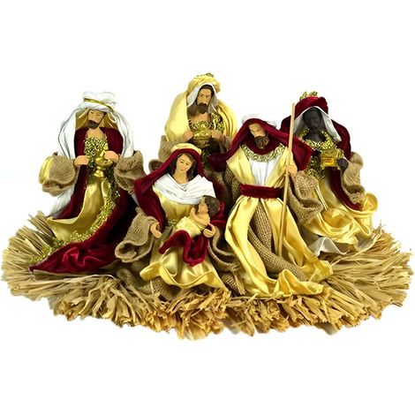 Presepe completo sacra famiglia Natalizia in Stoffa Natività Decorazione Raffinata con Giuseppe Maria Gesù Bambino e 3 Re Magi vestiti in tessuto su giaciglio di paglia