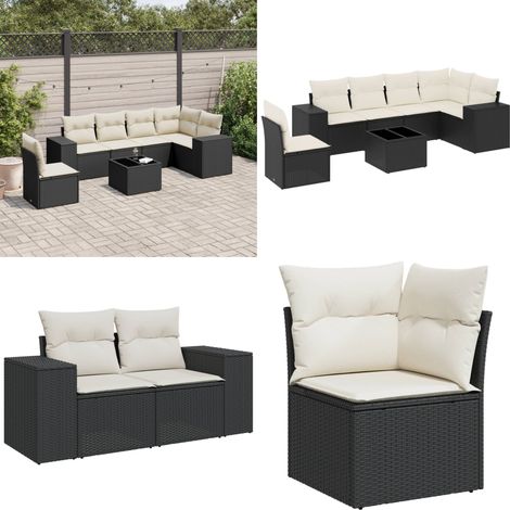 7-tlg. Garten-Sofagarnitur mit Kissen Schwarz Poly Rattan - Gartenmöbel Set - Esszimmergarnitur - Outdoor Möbel - Rattan Gartenmöbel - Lounge Garnitur - Home & Living (1/5)