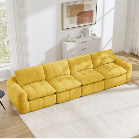 Divano modulare a 4 posti in tessuto ciniglia, imbottitura in schiuma ad alta densità 32D, comoda altezza seduta 54 cm, design trapuntato, non richiede montaggio, colore giallo