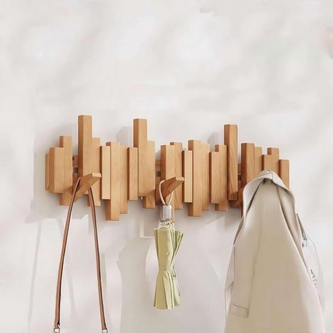 Perchero - Diseño de teclas de piano, perchero plegable de madera para pared, 3/4/6/8 ganchos, no requiere taladrar (color madera natural, 8 ganchos) (1/5)