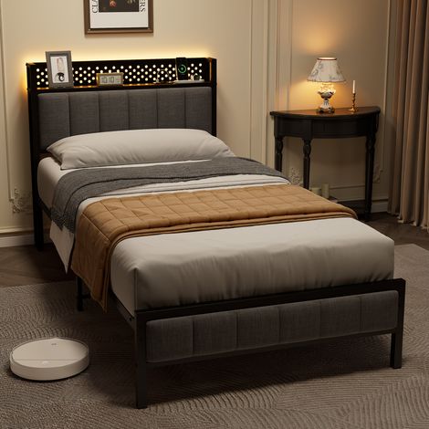 Structure de lit en Métal 90 x 200 cm avec sommier - Lit 2 personnes - lit double capitonné - Velours - gris (1/5)