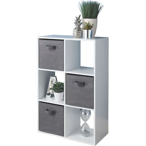 Estantería de Libros 6 Cubos Abril, Estantería de Pie 3 Cajones Tela Salón Blanco Mate y Gris 60x89x28 cm