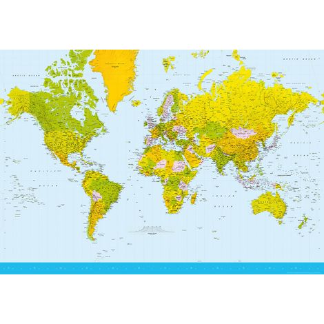 Papier peint panoramique carte du monde ludique | Tapisserie panoramique enfant et chambre ado | Papier peint panoramique bleu vert et jaune tendance - 366 x 254 cm (8 pièces) (1/2)