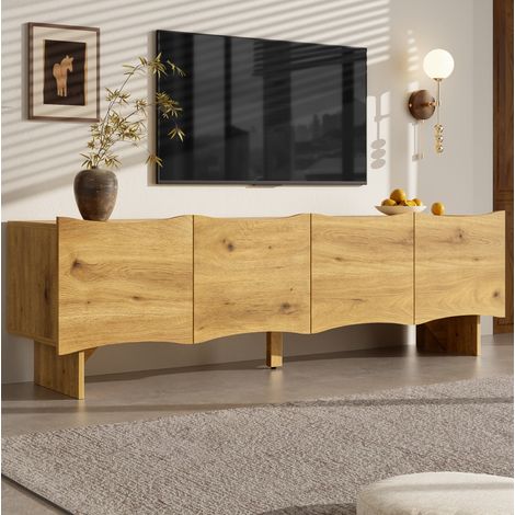 MEUBLIV Meuble TV 155 cm bois naturel – 4 portes avec passe-câbles (1/5)
