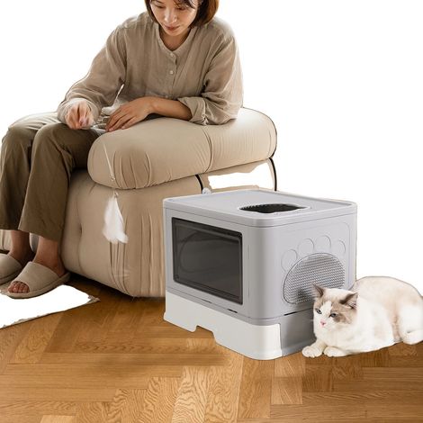 Bac à Litière pour Chat, Entièrement Fermé, Facile à Nettoyer, GRIS (1/2)