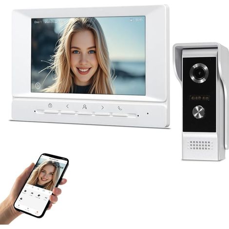 Système d'interphone de Porte Vidéo WiFi de 7 Pouces, Vision Nocturne IR Caméra 1080P HD, Sonnette Vidéo avec Moniteur, Audio Bidirectionnel, Déverrouillage de APP (1/5)