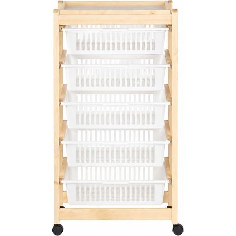 Carrello per verdure e frutta a 5 ripiani in legno naturale con ruote girevoli - Misura 45x30x85 cm - Cestelli estraibili in plastica con vassoio port (1/5)