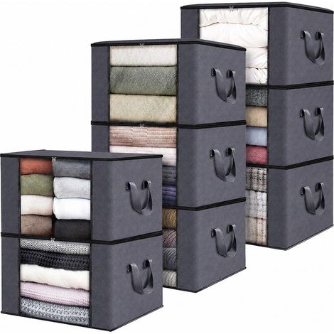 Boîte de rangement pliable en tissu non tissé pour penderie, grand sac de rangement pour vêtements de 90 L, fermeture éclair noire, ensemble de 8 pièces (60 L x 8). (1/5)