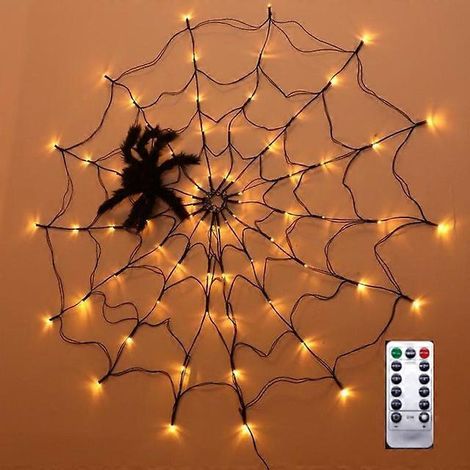 Cadeaux pour Halloween- 2 Diameter Solar Spider Web Lights 60LED 8Mode Spider Net Lights For Party Yard Garden Bar Haunted House Decor (1/5)