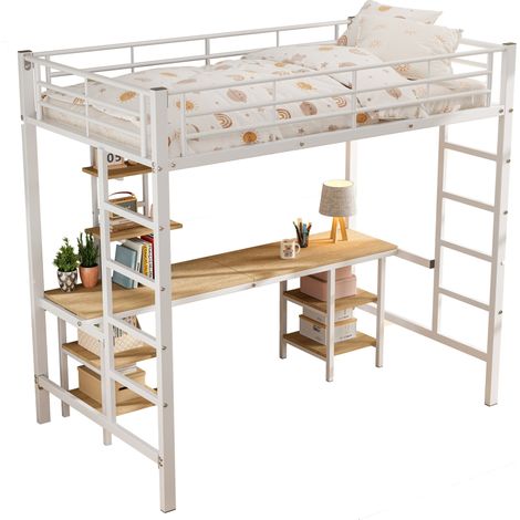 Lit à cadre en fer, lit mezzanine avec table et étagères, adapté aux enfants et aux adolescents, lit enfant avec échelle latérale et garde-corps de sécurité, fer + MDF, blanc, 90x200cm (1/5)