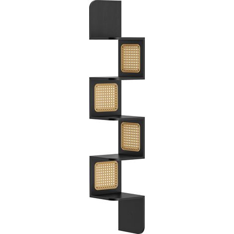 Étagère d’Angle, Étagère Murale Flottante à 5 Niveaux, Étagère d’Angle en Zigzag, Côtés en Rotin PVC, Gain de Place, pour Cuisine, Chambre, Salon, Style Boho, Noir Cendré (1/5)