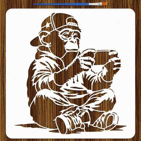 Pochoir Peinture Singe Console de Jeu avec Pinceau 30x30cm Réutilisable Modèle de Dessin Plastique PET Modèle Thème Animal pour Décoration Murale (1/5)
