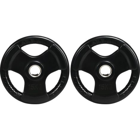 Disques de musculation, lot de 2, 15 kg par disque, trois poignées, revêtement en caoutchouc protecteur de sol, métal (1/5)