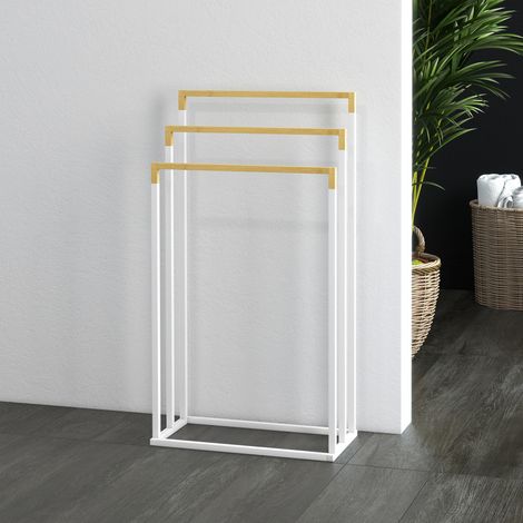 Porte-serviettes en bambou et acier blanc, 3 barres, 45x22,5x86 cm, bois naturel, design vertical pour salle de bain (1/5)