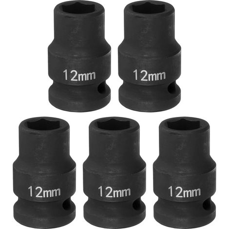 5Pcs Douille à Choc 6 Points 12mm Douille Métrique 1/2" Entraînement Carré 1.5" (38mm) Long Douilles Hexagonales pour Écrous d'Axe de Broche en Acier Cr-Mo Phosphaté, Noir (1/5)