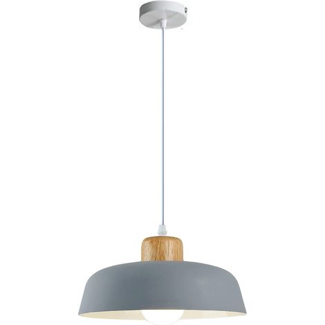 Suspension ronde en métal de 300 mm de couleur macaron, finition en bois simple moderne E27 Loft Bar Plafonnier, Lustre de salle à manger d'îlot de cuisine (Gris) (1/5)