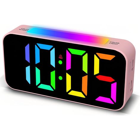 Rose， Réveil numérique coloré avec fonction snooze  Grand écran RVB  8 options de couleur  Format 12 à 24 h  Réglage du volume et de la luminosité (1/5)