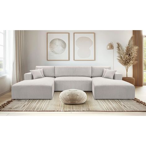 AX LIVING Ecksofa Weiß mit Schlaffunktion – Catea U Cord Wohnlandschaft 364 cm