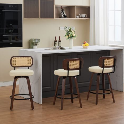 Lot de 3 tabourets bar rotin noyer , dossier cannage, assise rembourrée, pivotants pour îlot/comptoir. 56x42x90cm - noyer et beige (1/5)