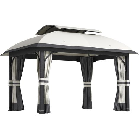 Tonnelle de jardin 4 x 3 m avec moustiquaires et double toit, en métal et polyester gris clair
