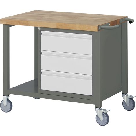 STIER Fahrbare Werkbank Premium, 3 Schubladen, 100x70x88cm, pulverbeschichteter Stahl & Buche