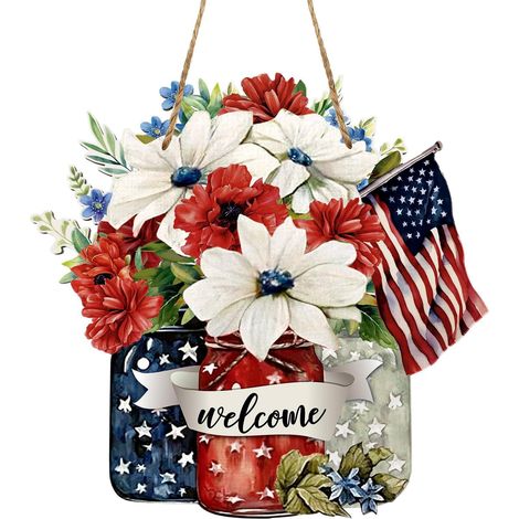 Panneau D'accueil En Bois - Décoration Murale Pour Porte D'entrée - Thème Patriotique États-unis - Pour 4 Juillet, Jour De L'indépendance, Journée Des Présidents, Fête Du Travail - 30 X 30 Cm - 1 Pièc (1/5)
