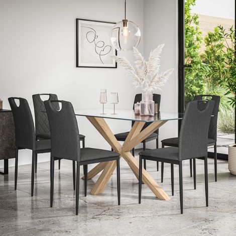 Etta Glass Dining Table And Chairs - Glass Top w Solid Oak Legs + Monza Fabric Dining Chair Set Of 6 (Charcoal) (1/5)