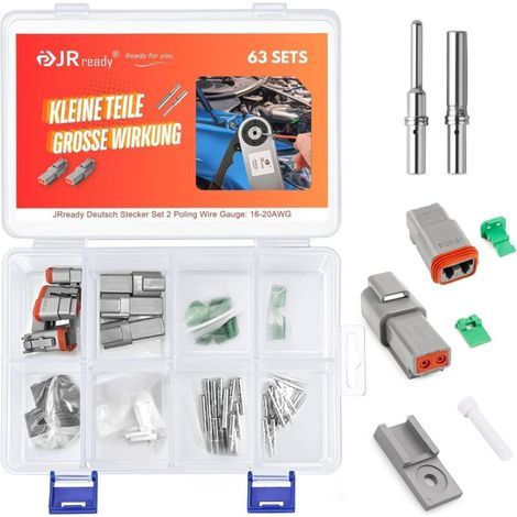 Deutsch 2-pin connector, grey, IP68 waterproof, DT connector set of 6, with terminal kit, Deutsch wire gauge 16-20 AWG for cars, motorcycles, trucks, and boats (1/5)