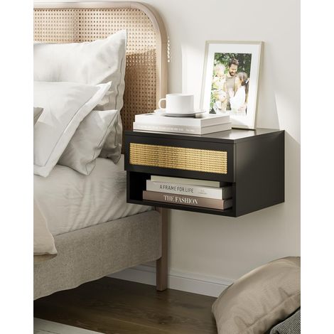 Table de Chevet Flottante, Petite Table de Chevet Flottante Moderne avec tiroirs, étagère Flottante (rotin Noir) pour Chambre, Salle de Bain (1/5)