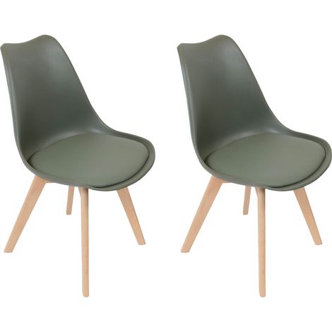 Altobuy – Lot de 2 chaises scandinaves kaki – Assise rembourrée simili cuir – Piétement en bois massif – Hauteur d'assise 44 cm – Dimensions 48 x 51 x H82,5 cm (1/5)