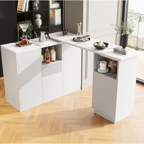 Isla de cocina giratoria 360° con almacenamiento, tablero efecto mármol, blanco HAVRYA (1/5)