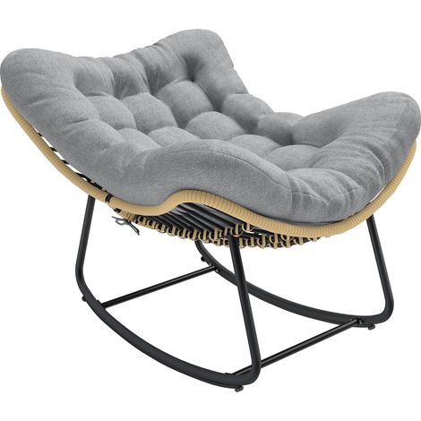 Fauteuil à bascule de jardin pour intérieur et extérieur, rocking chair en résine tressée avec coussin moelleux, gris