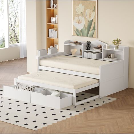 DESVIAE Lit banquette gigogne 90 x 200 cm avec lit tiroir 90 x 190 cm rangement intégré 2 tiroirs panier latéral prise USB bois blanc (1/5)