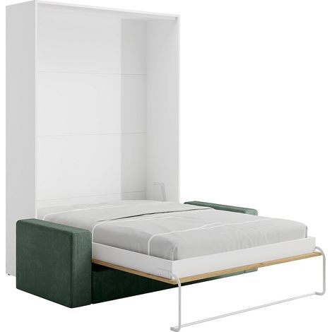 Letto a scomparsa 160 x 200 cm - Apertura verticale manuale - Naturale e bianco + Divano Verde - BEGANIO