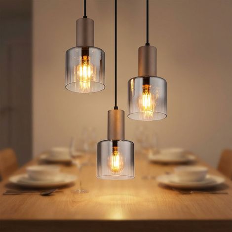 Pendelleuchte Hängelampe Rauchglas Esszimmerleuchte schwarz 3 flammig kaffeefarben, Glas Metall, 3x E27 Fassungen, DxH 28x150 cm
