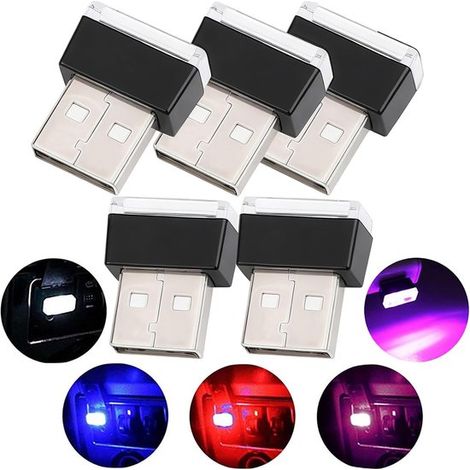 Luz ambiental USB para coche, 5 mini bombillas LED universales, luz ambiental LED para coche (5 colores: rojo/azul/rosa/blanco/azul hielo) (1/4)