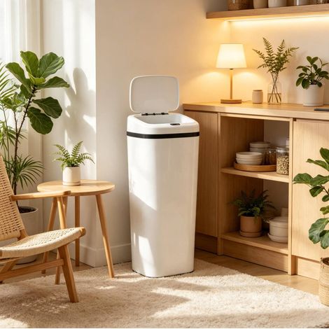 Pattumiera da cucina automatica a sensore 50 L in acciaio e ABS bianca, 84 cm, OKWISH (1/5)