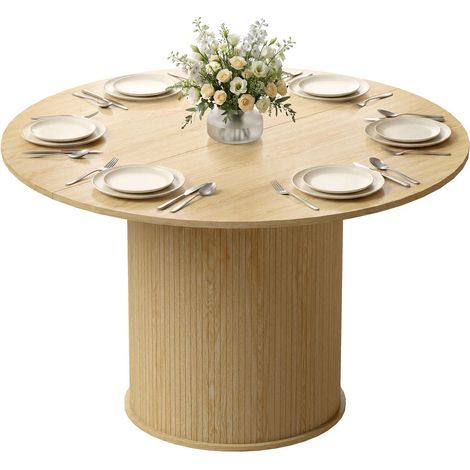 Table à Manger Ronde 4-6 Personnes Pied Cylindrique Cannelé Aspect Bois Naturel Ø 120 x 75 cm Salle à Manger Cuisine (1/5)