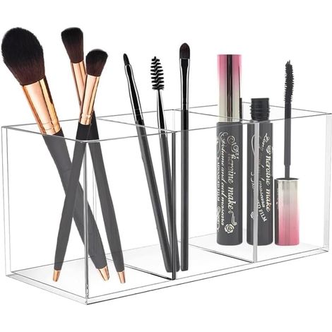 Transparenter Stiftehalter aus Acryl, 3 Fächer, Schreibtisch-Stiftehalter, Aufbewahrung für Make-up-Pinsel, Halter für Schreibwaren, Kosmetik, Pinsel (1/5)