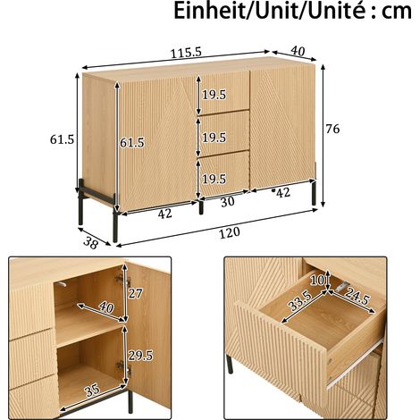 Buffet, rangement intégré, avec tiroirs, 115,5 x 40 x 76 cm, MDF, bois naturel (1/5)