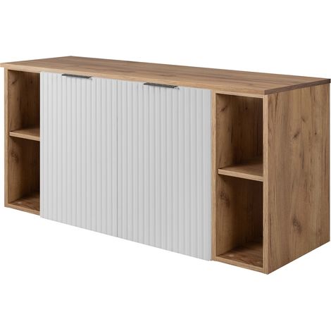 Furnidea - Meuble sous vasque suspendu FLOW BLANC 120 cm avec 2 x l'étagères - extensions et plan CHÊNE - 2 portes - façades rainurées (1/5)