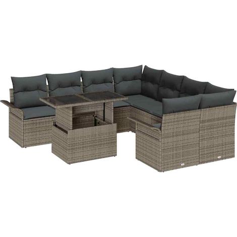 Garden Sofa Set with Cushion 9 pcs Grey Poly Rattan vidaXL
